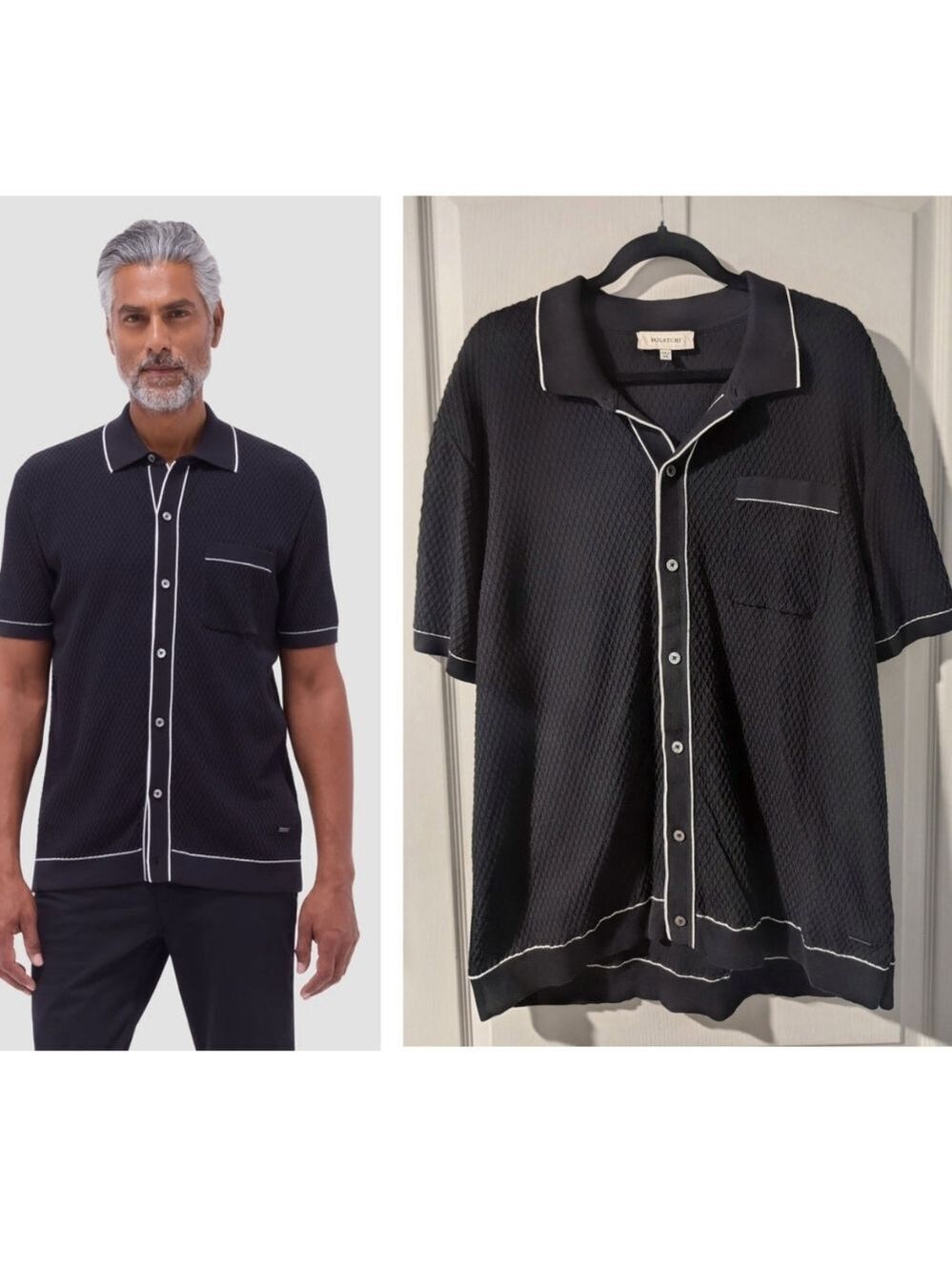 Bugatchi | Textured Geometric Short-Sleeve Knit Shirt In Black